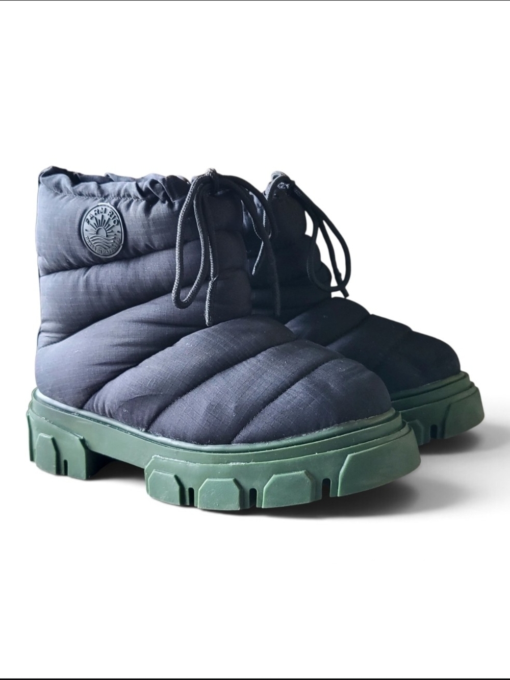 FARM Rio Black Puffer Boots Green Chunky Sole Drawstring Ankle Booties Size 8